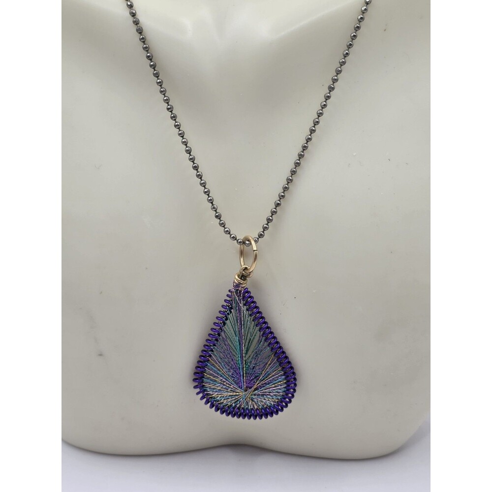 Fiber Art Teardrop Pendant on Iridescent Ball Chain 18" Pendant 1 1/2"